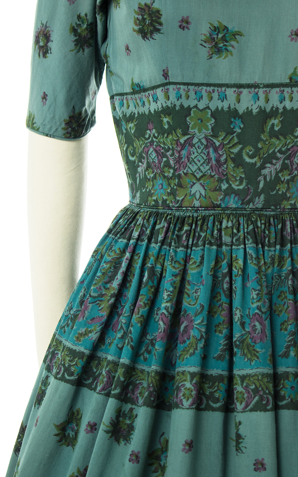 1950s Green Floral Cotton Dress