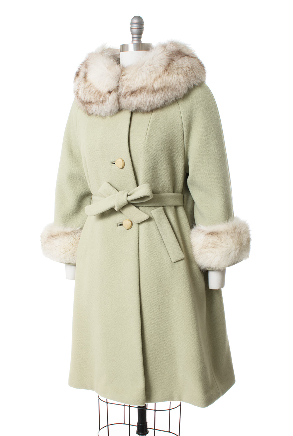 1960s Mint Green Wool & Fox Fur Belted Coat