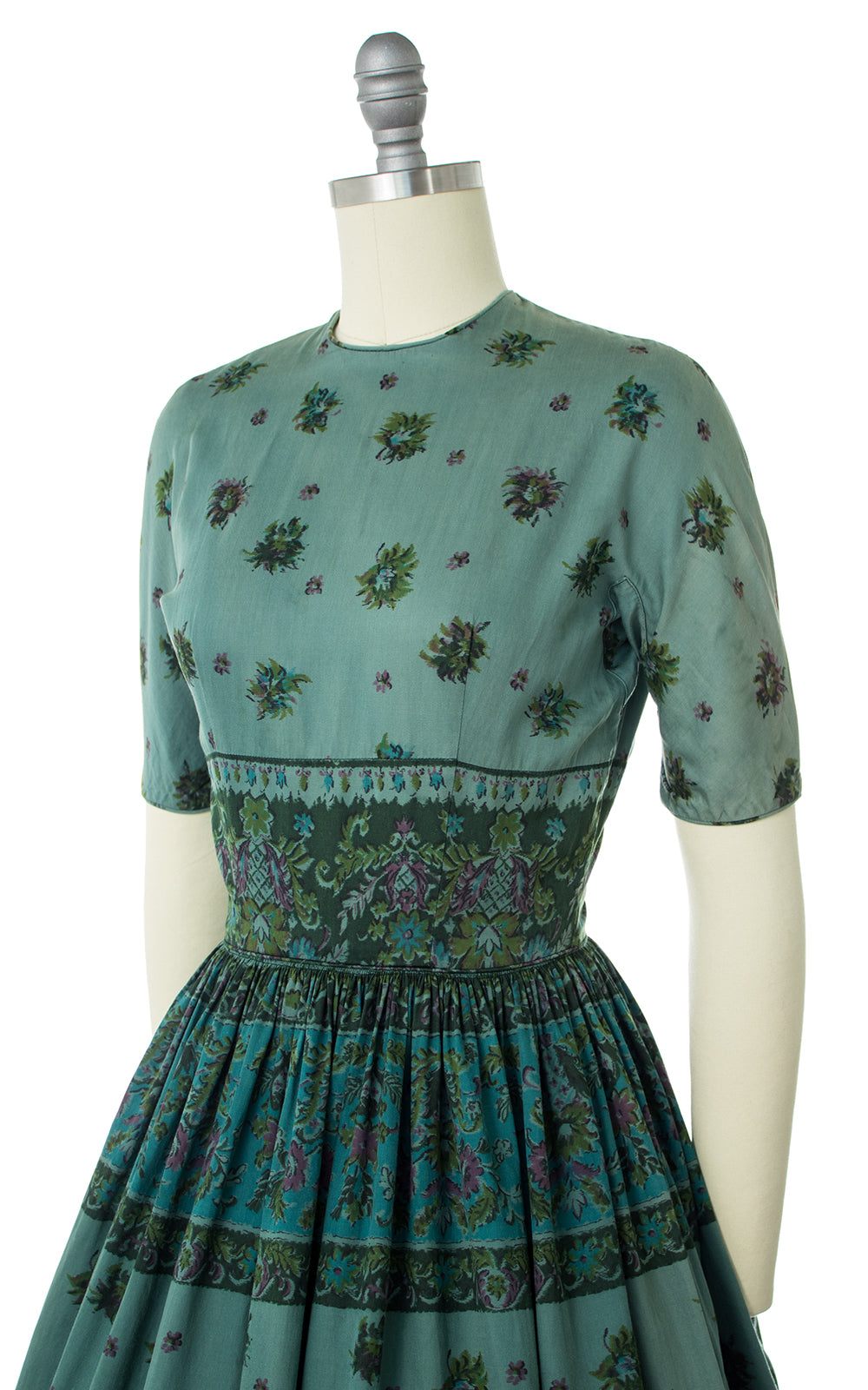 1950s Green Floral Cotton Dress