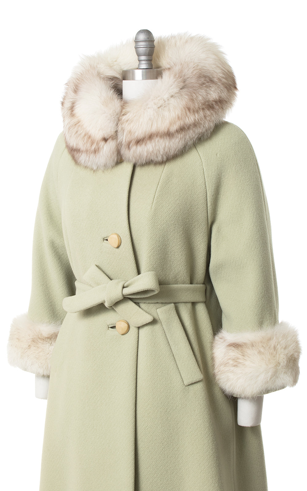 1960s Mint Green Wool & Fox Fur Belted Coat