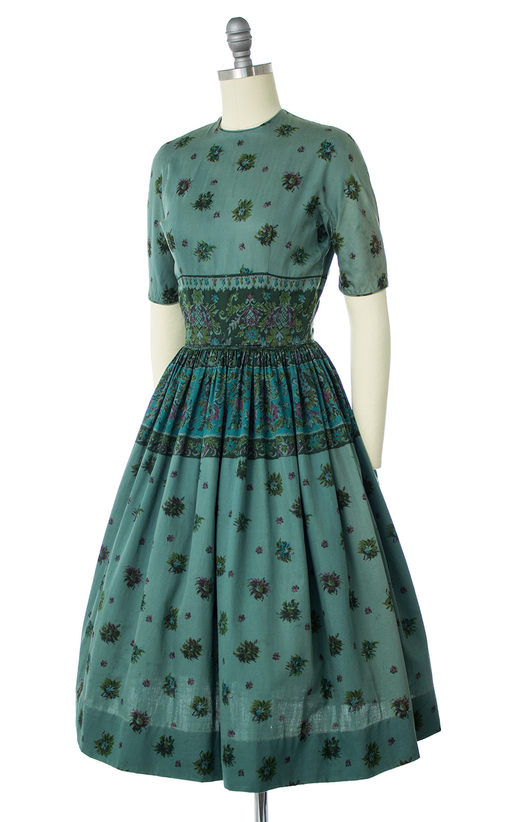 1950s Green Floral Cotton Dress