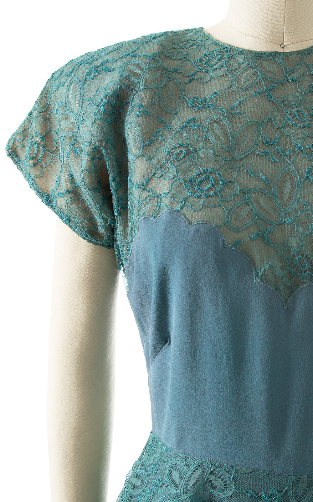 1940s Teal Rayon & Lace Peplum Cocktail Dress