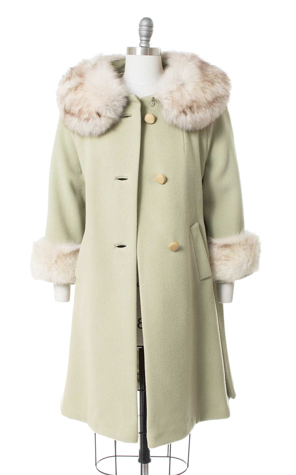 1960s Mint Green Wool & Fox Fur Belted Coat