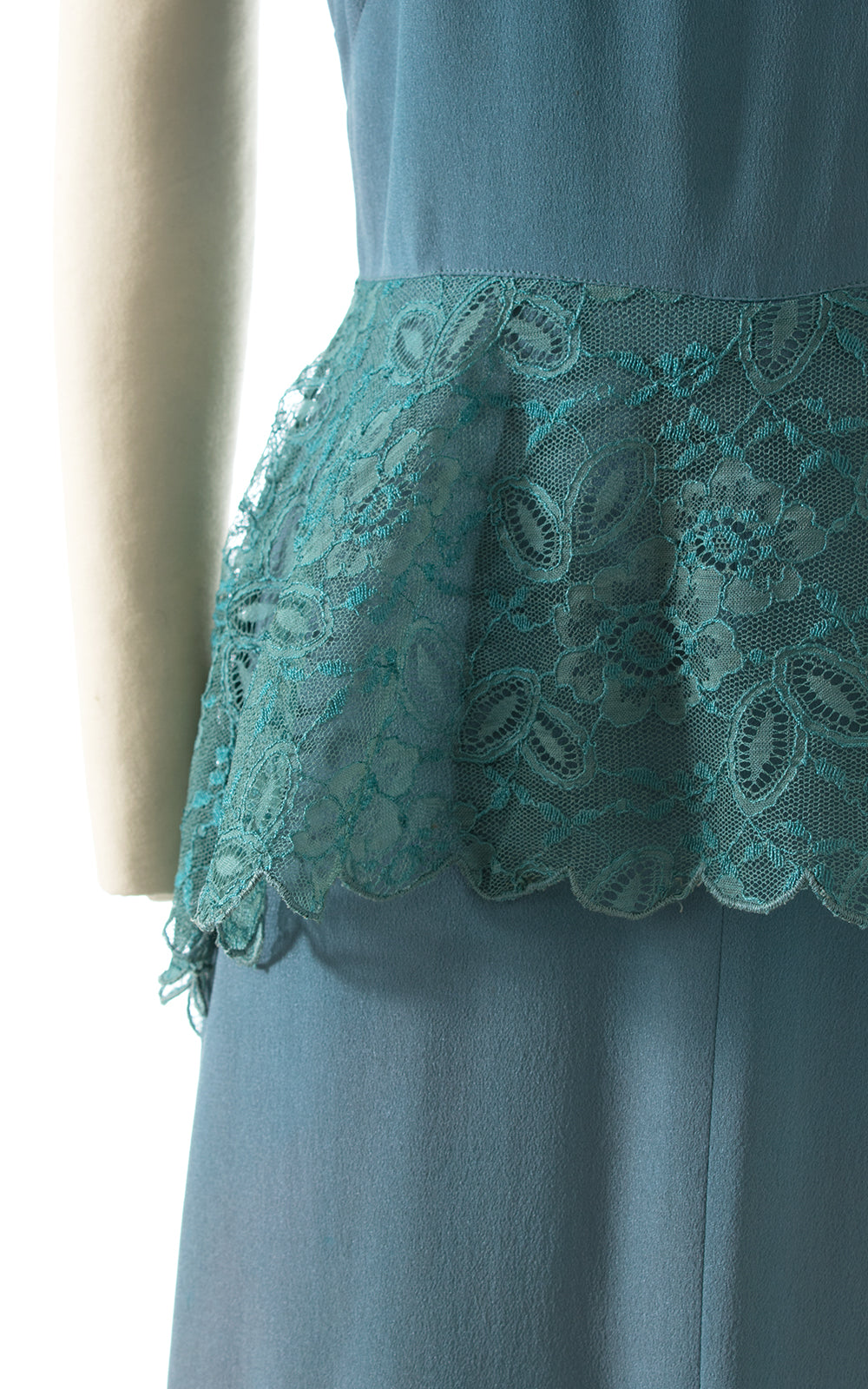 1940s Teal Rayon & Lace Peplum Cocktail Dress