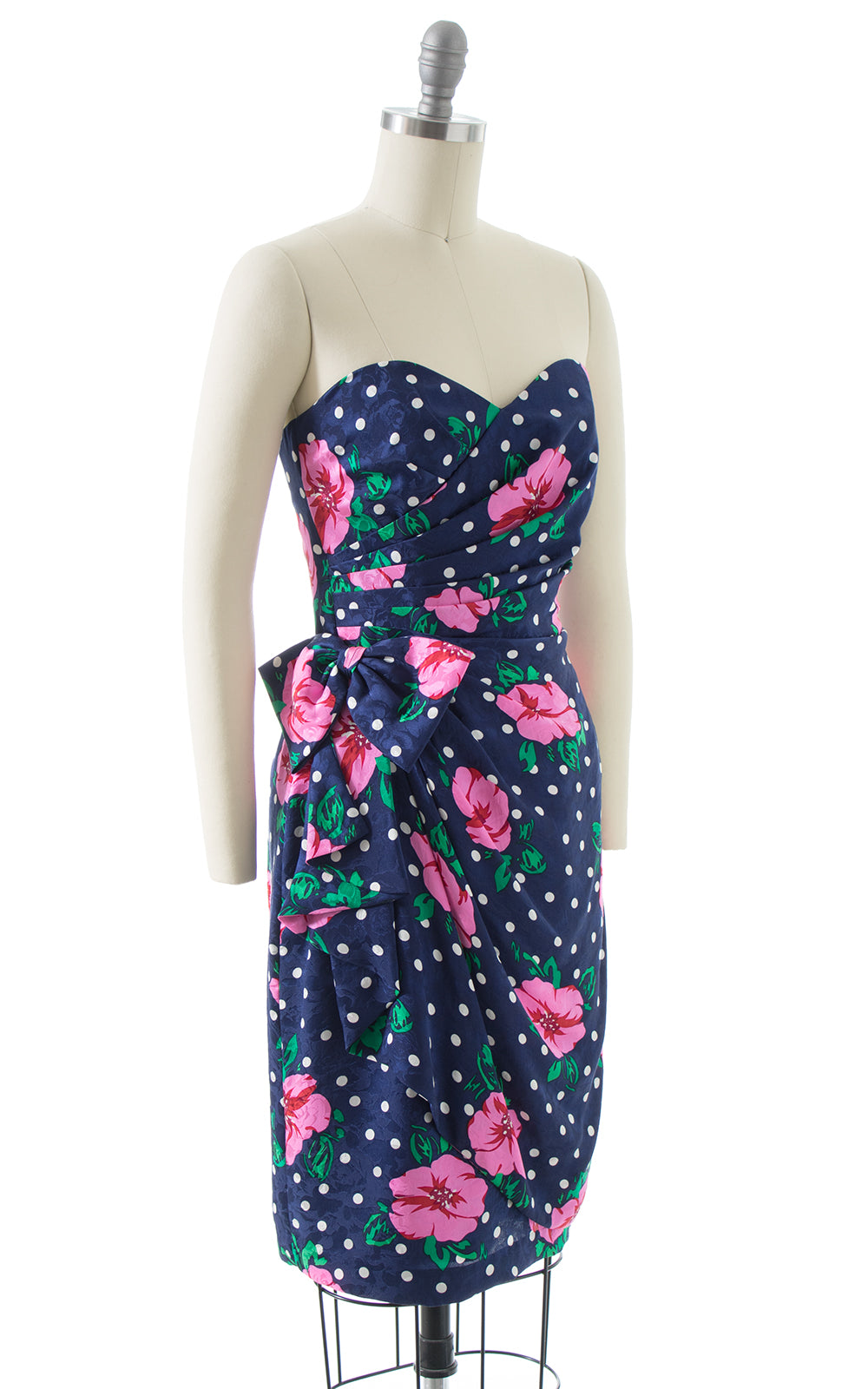 1980s Floral Polka Dot Silk Sarong Dress