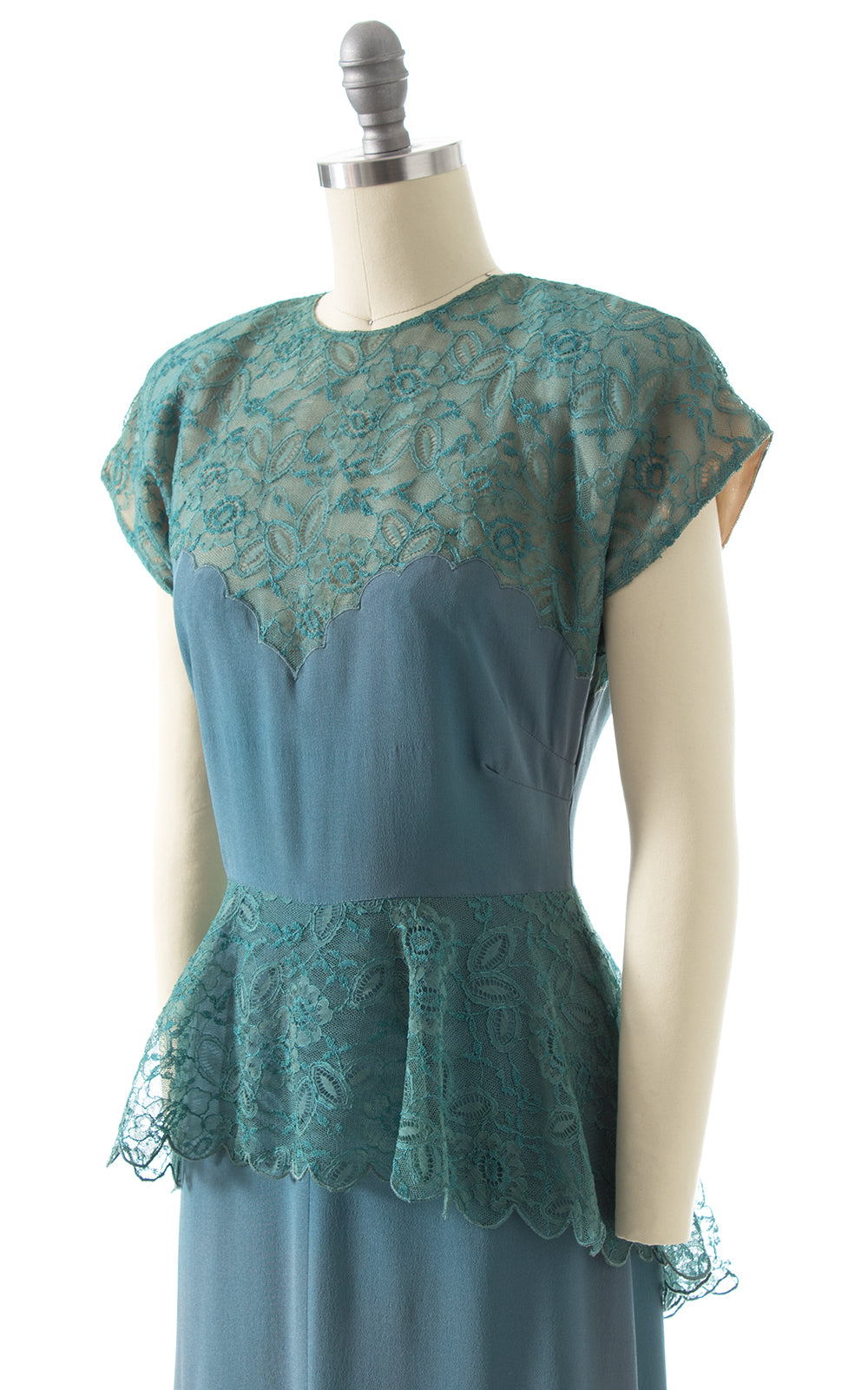 1940s Teal Rayon & Lace Peplum Cocktail Dress