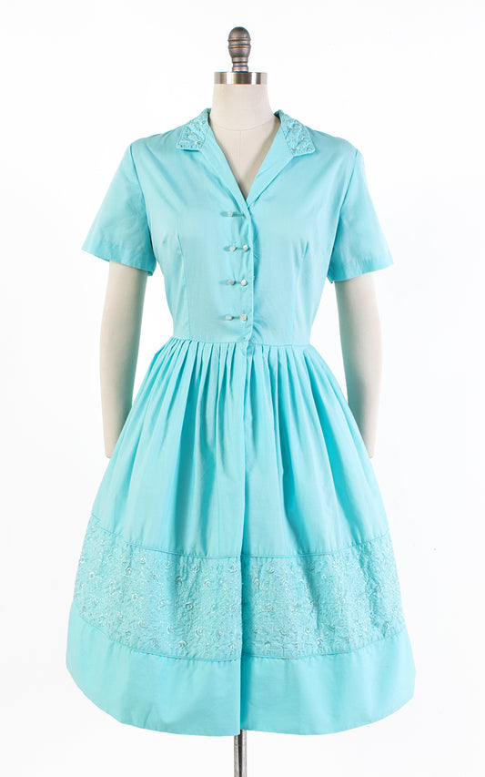 1950s Floral Embroidered Blue Cotton Shirtwaist Dress | large