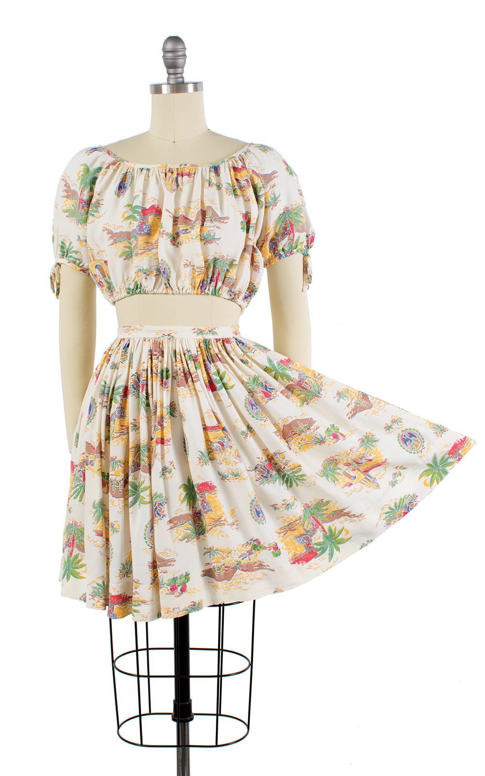 1940s Mexico Novelty Print Peasant Crop Top & Skirt Set