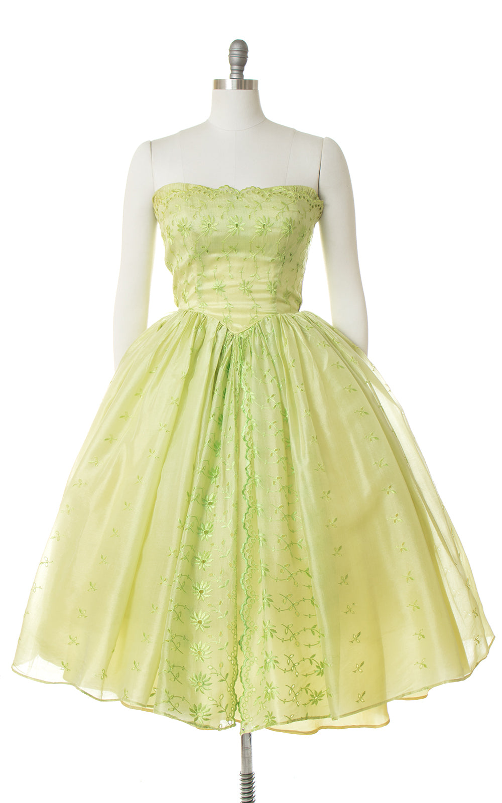 1950s Chartreuse Eyelet Organza Cupcake Party Dress