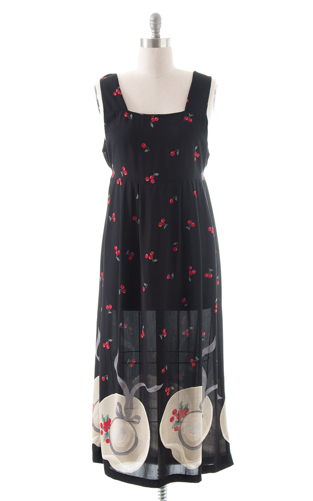 1990s Hats & Cherries Novelty Border Print Maxi Dress