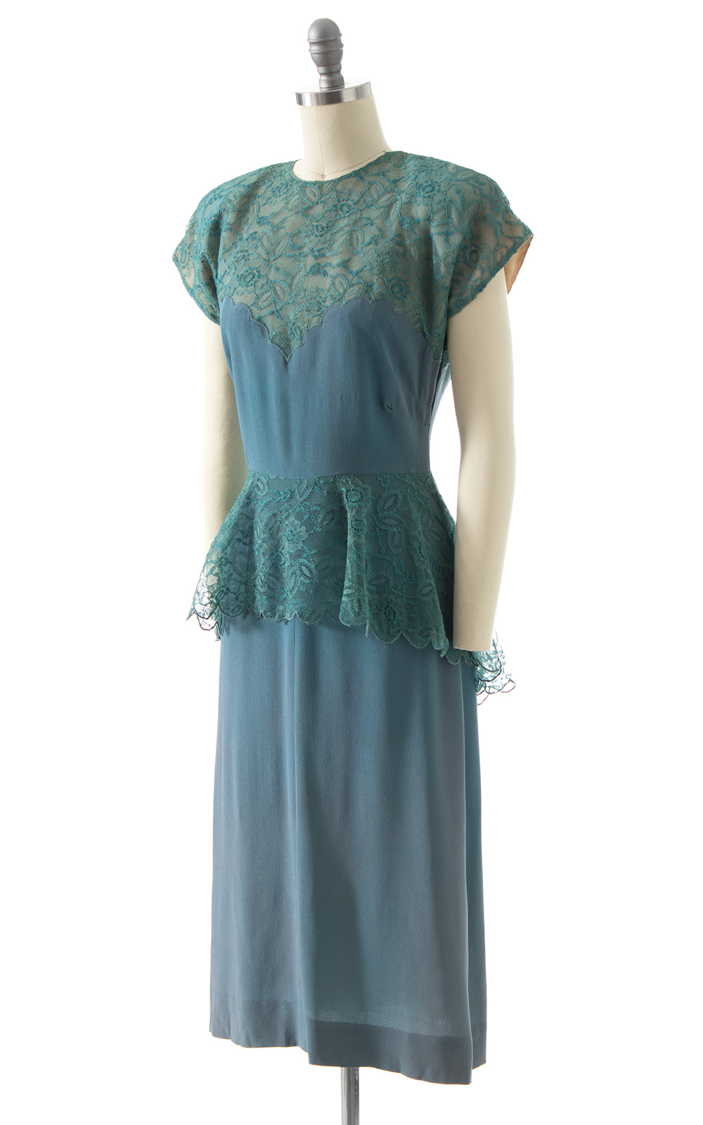 1940s Teal Rayon & Lace Peplum Cocktail Dress