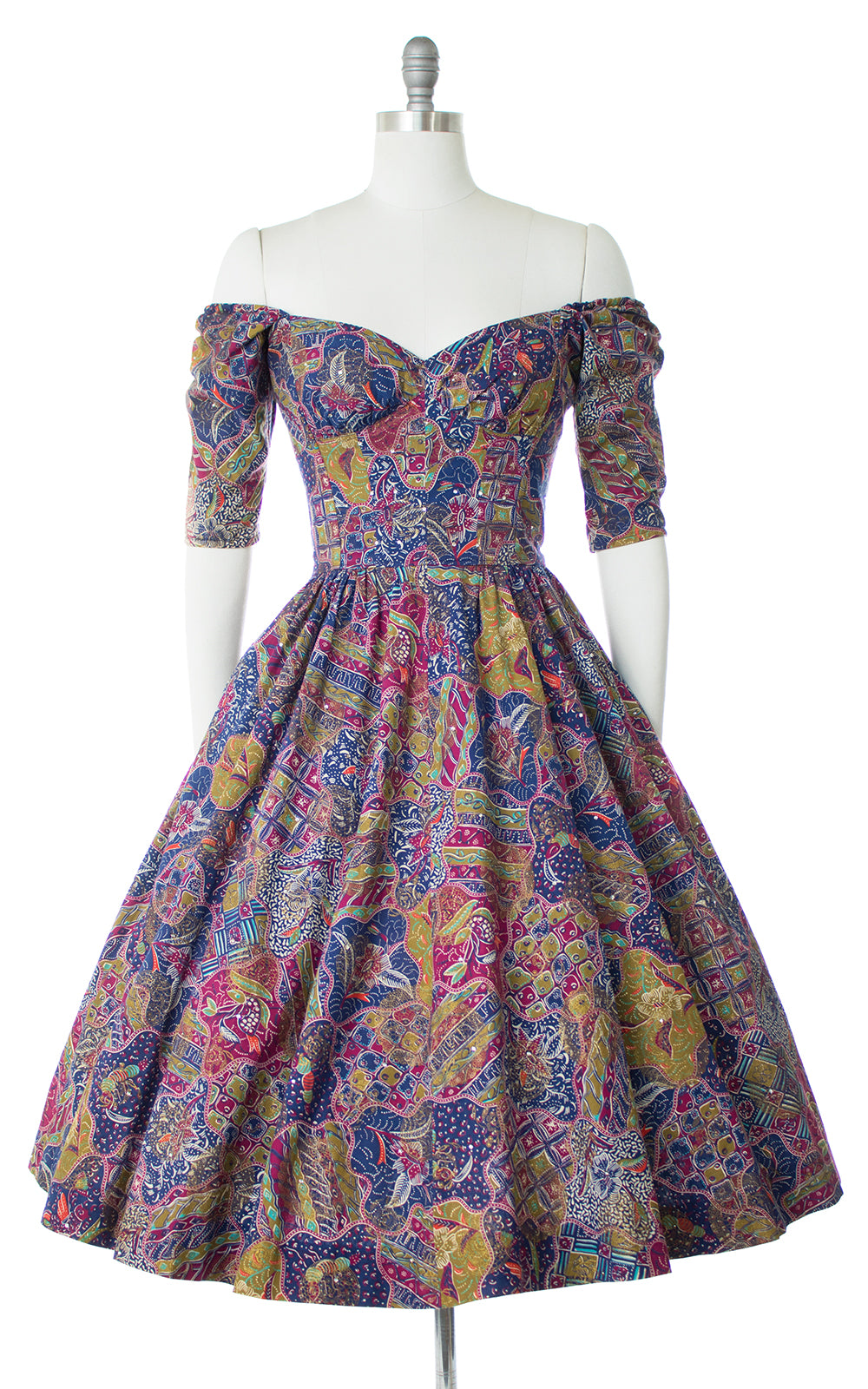 1950s Tina Leser Floral Rhinestone Off Shoulder Dress