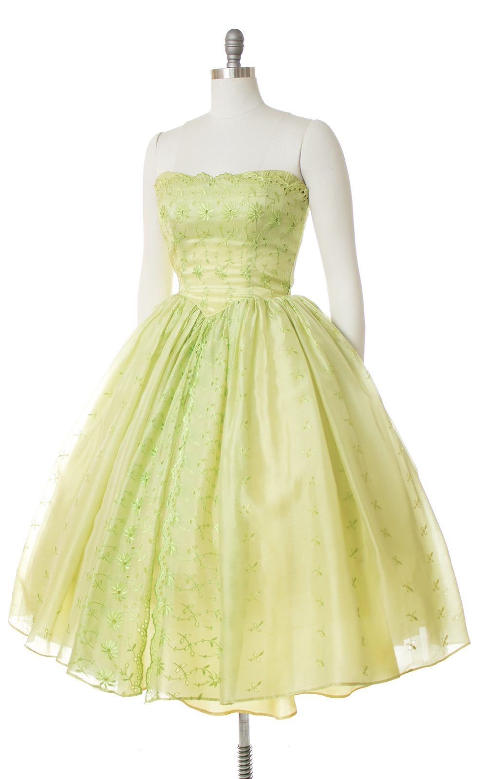 1950s Chartreuse Eyelet Organza Cupcake Party Dress