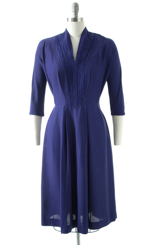 1940s Beaded Soutache Purple Rayon Dress