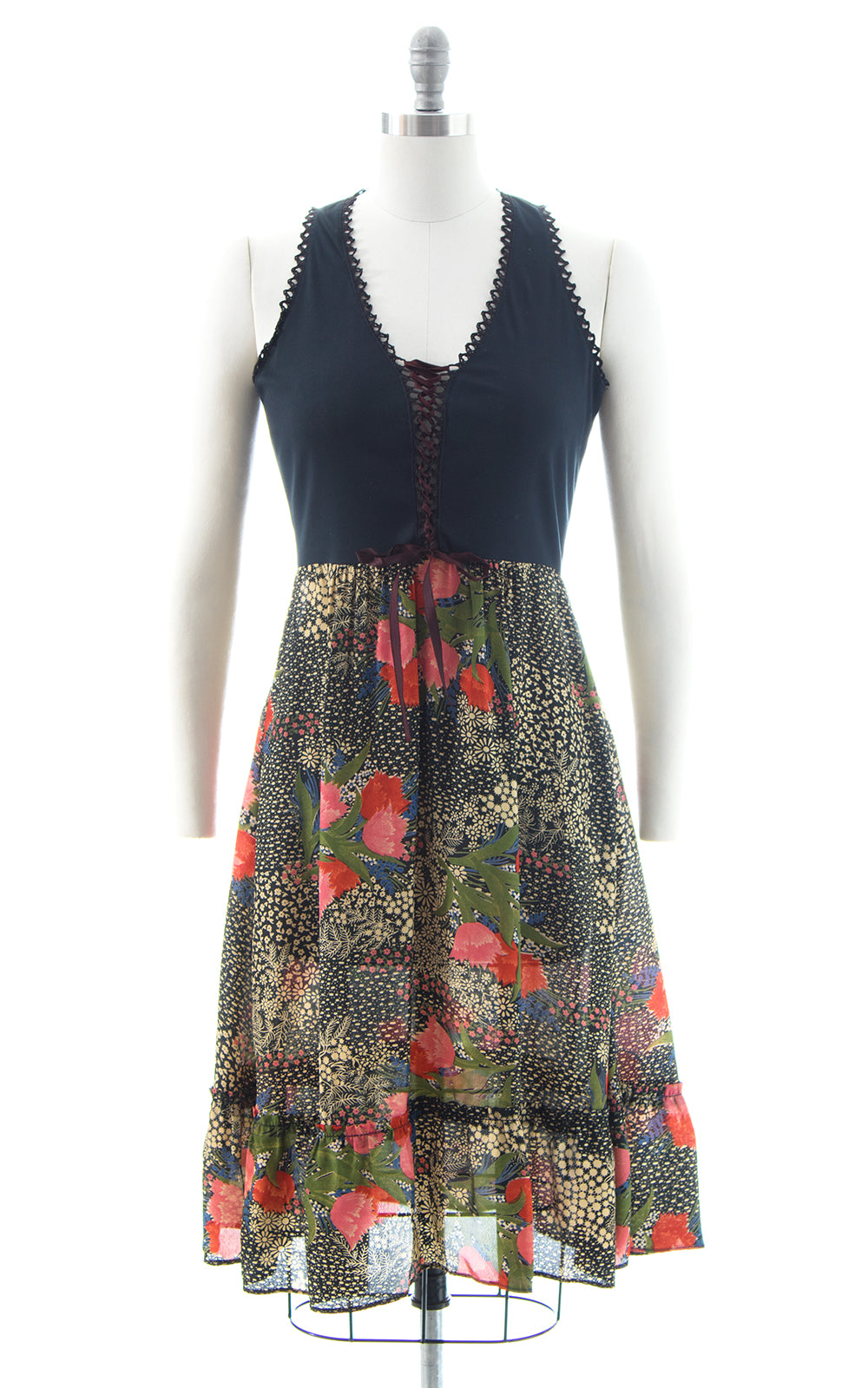 1970s Lace Up Floral Dress