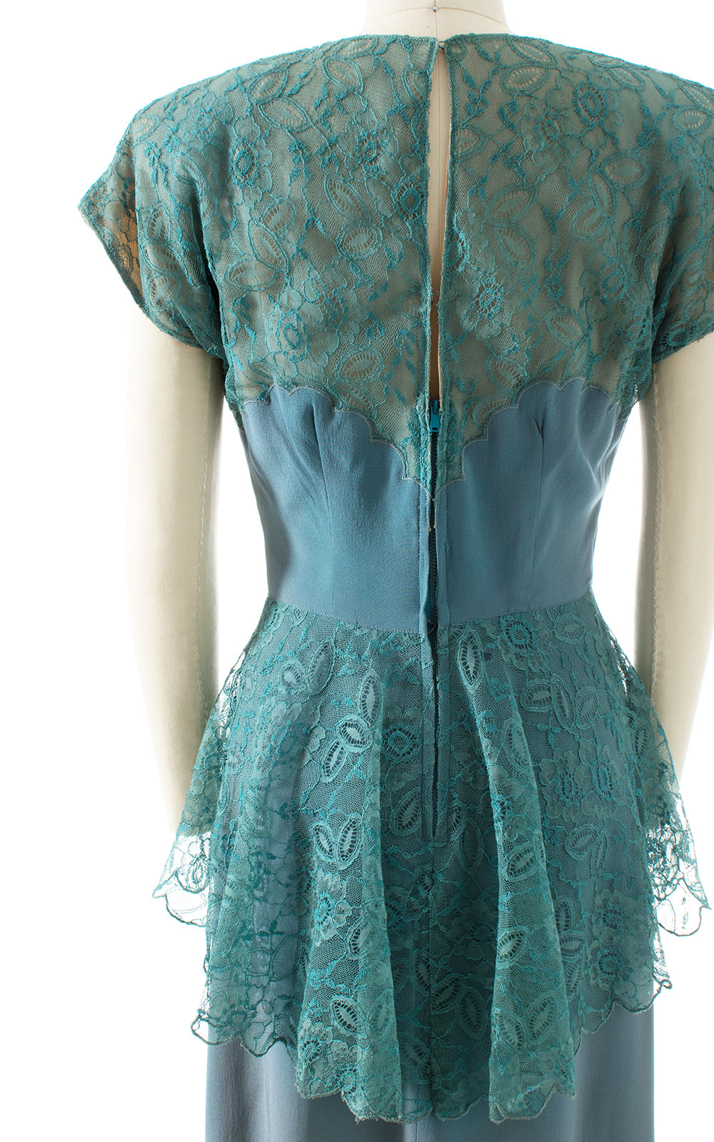 1940s Teal Rayon & Lace Peplum Cocktail Dress
