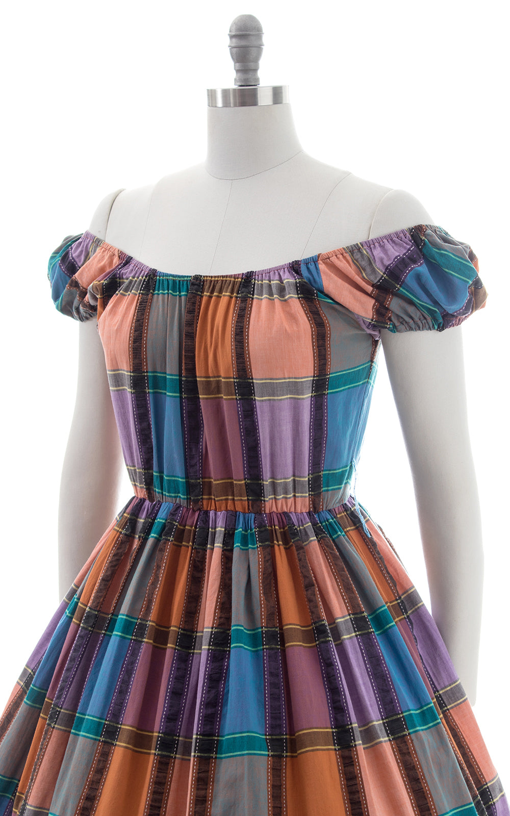 1970s Plaid Cotton On-Off Shoulder Peasant Dress