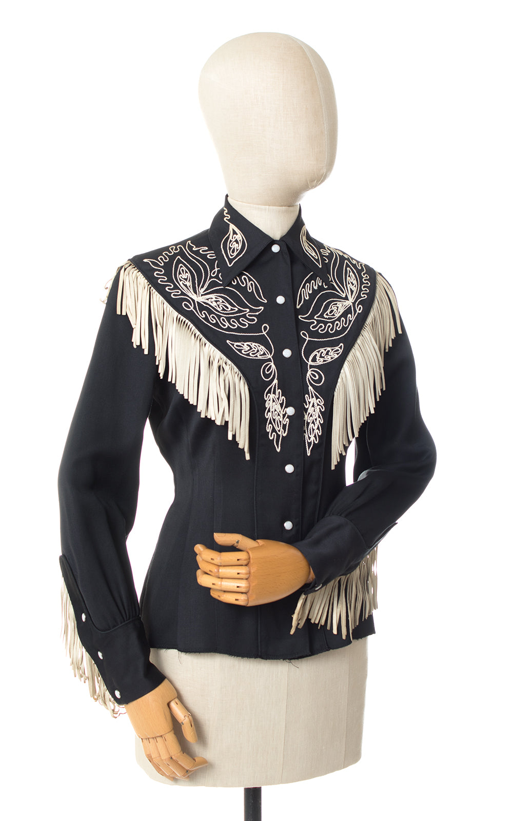 1940s Western Embroidered Gabardine Blouse with Leather Fringe
