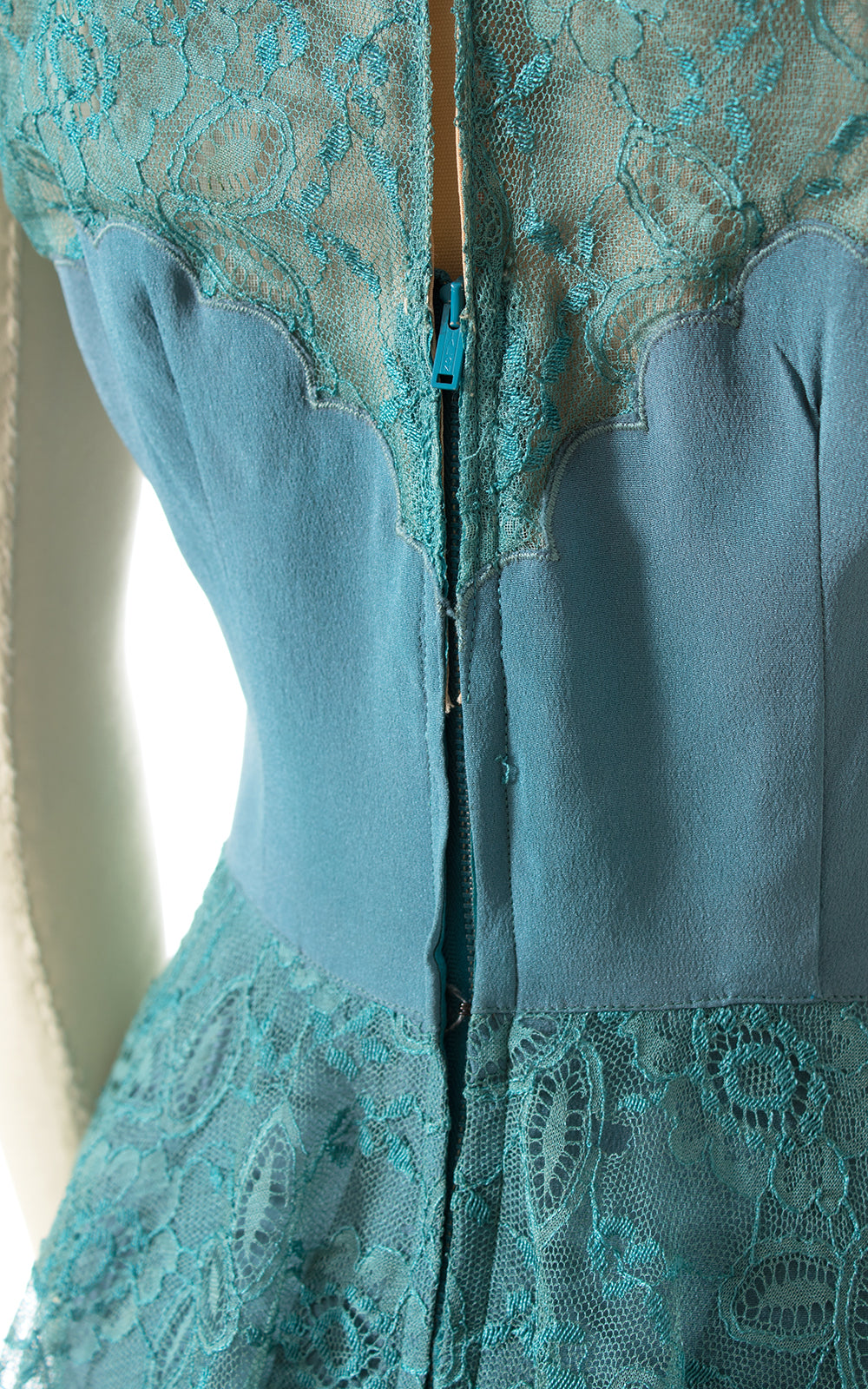 1940s Teal Rayon & Lace Peplum Cocktail Dress