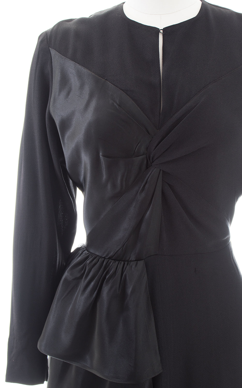 1940s Black Rayon Satin Hip Sash Evening Dress