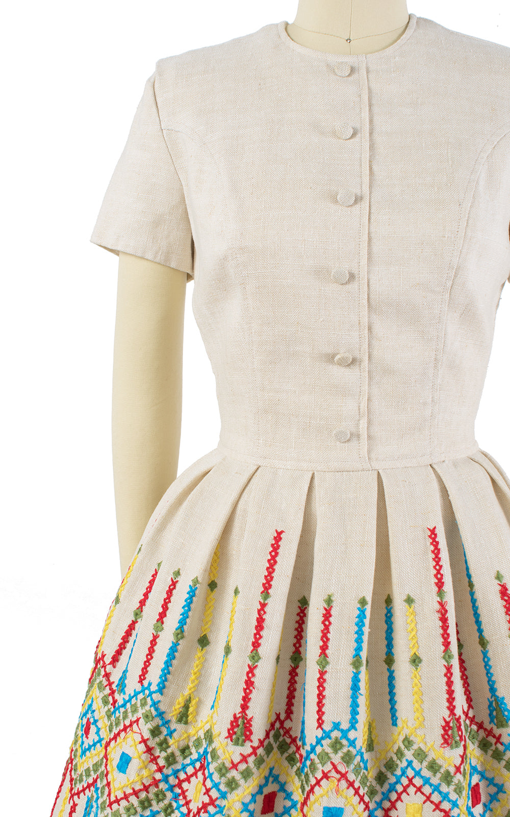 1960s Geometric Embroidered Oatmeal Linen Dress
