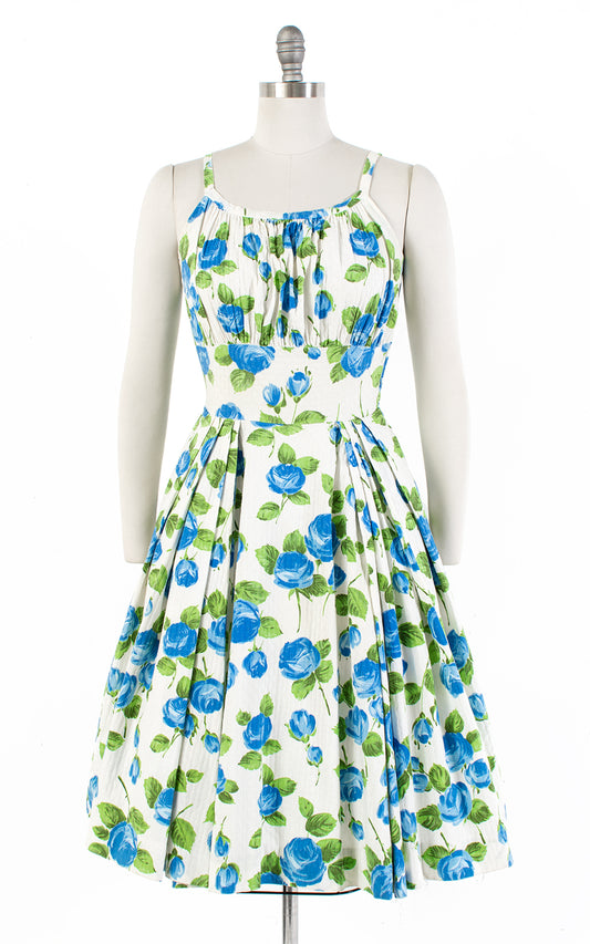 1950s Blue Rose Cotton Sundress | small/medium