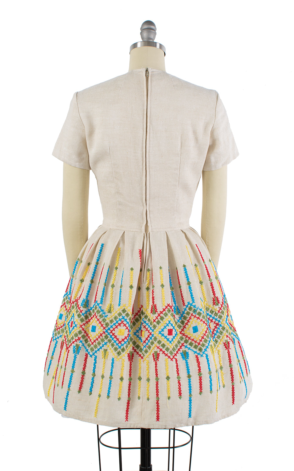 1960s Geometric Embroidered Oatmeal Linen Dress
