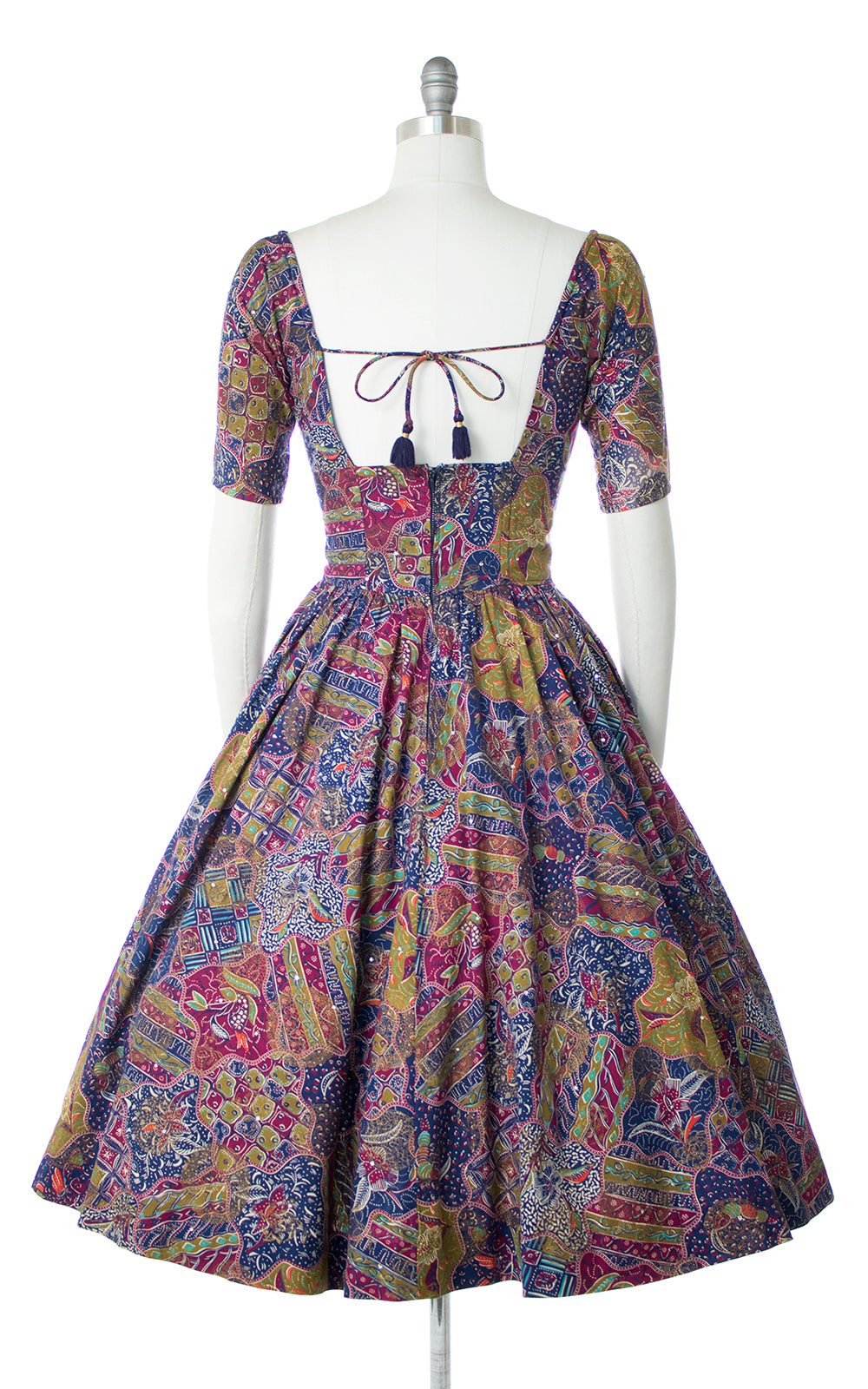 1950s Tina Leser Floral Rhinestone Off Shoulder Dress