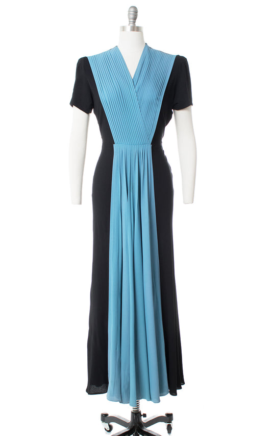 1940s Color Block Rayon Black Blue Gown