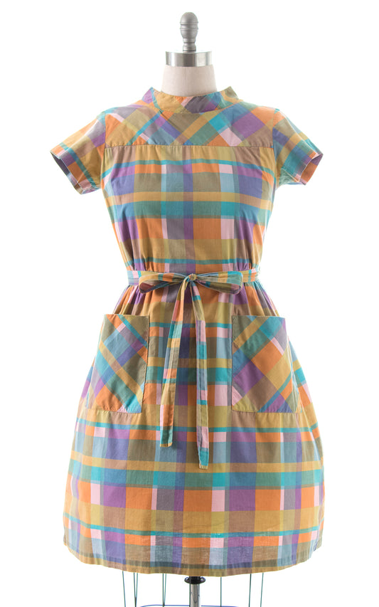 1950s Swirl Plaid Cotton Wrap Dress with Pockets