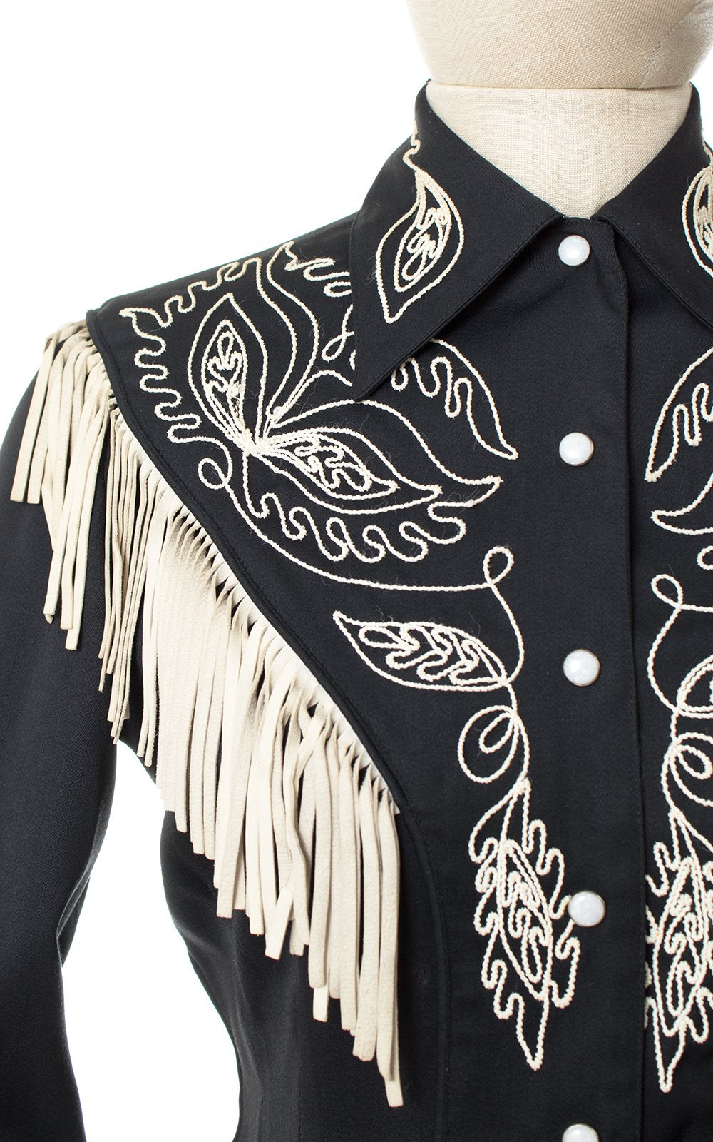 1940s Western Embroidered Gabardine Blouse with Leather Fringe