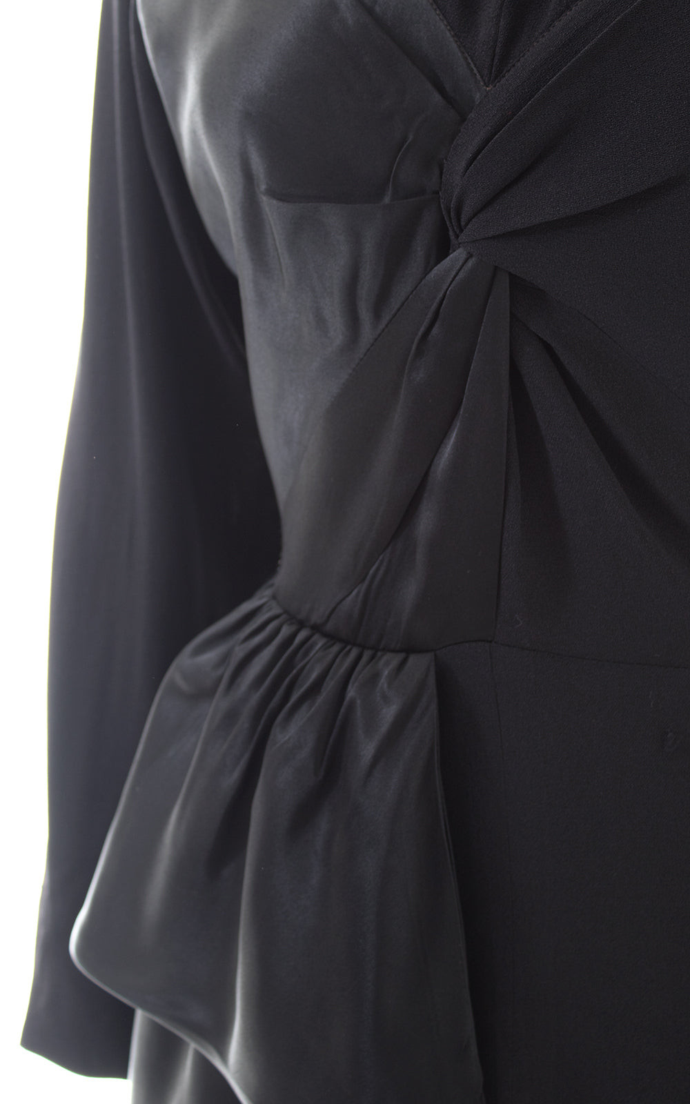 1940s Black Rayon Satin Hip Sash Evening Dress