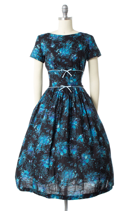 1950s Blue Floral Cotton Day Dress