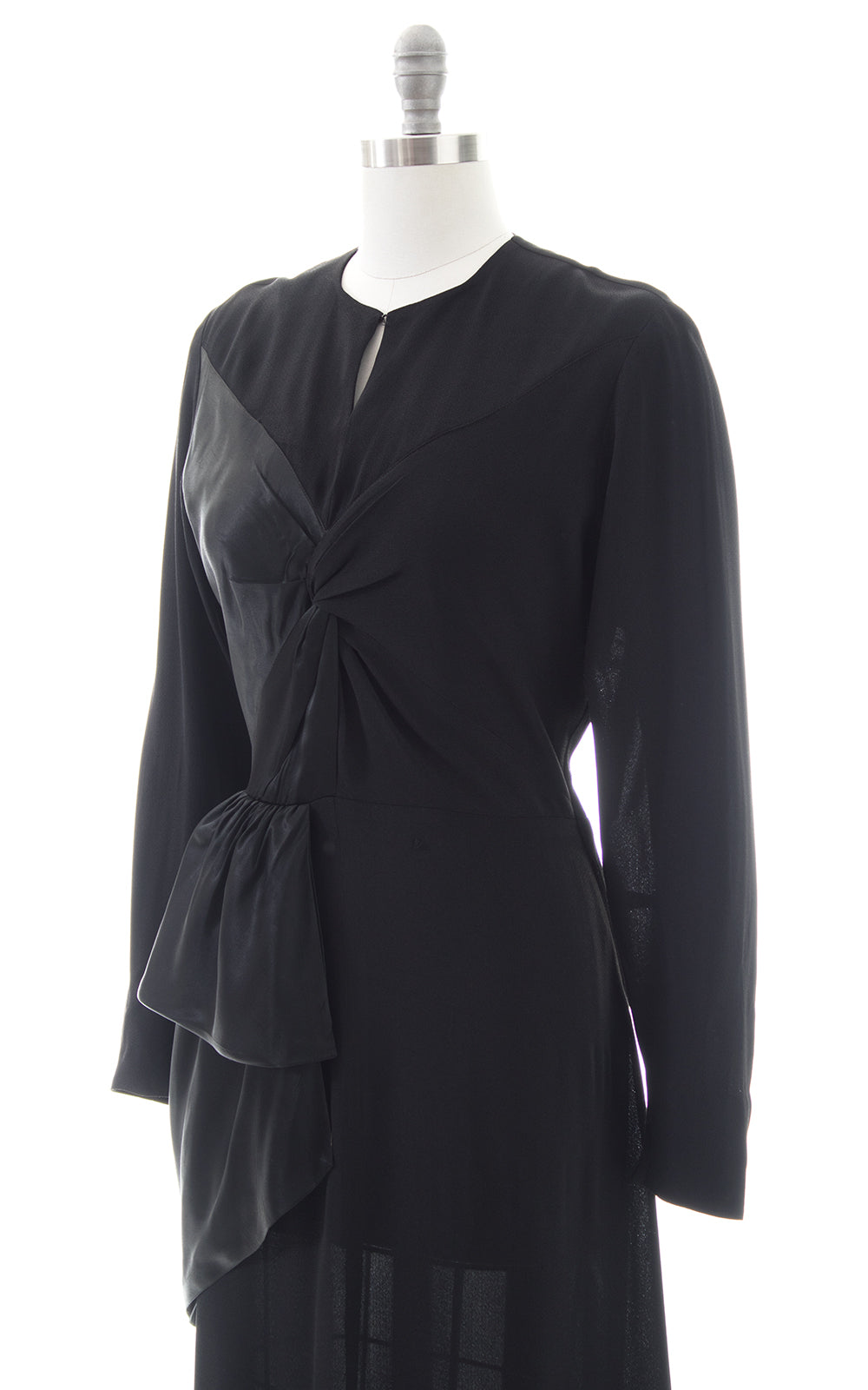 1940s Black Rayon Satin Hip Sash Evening Dress