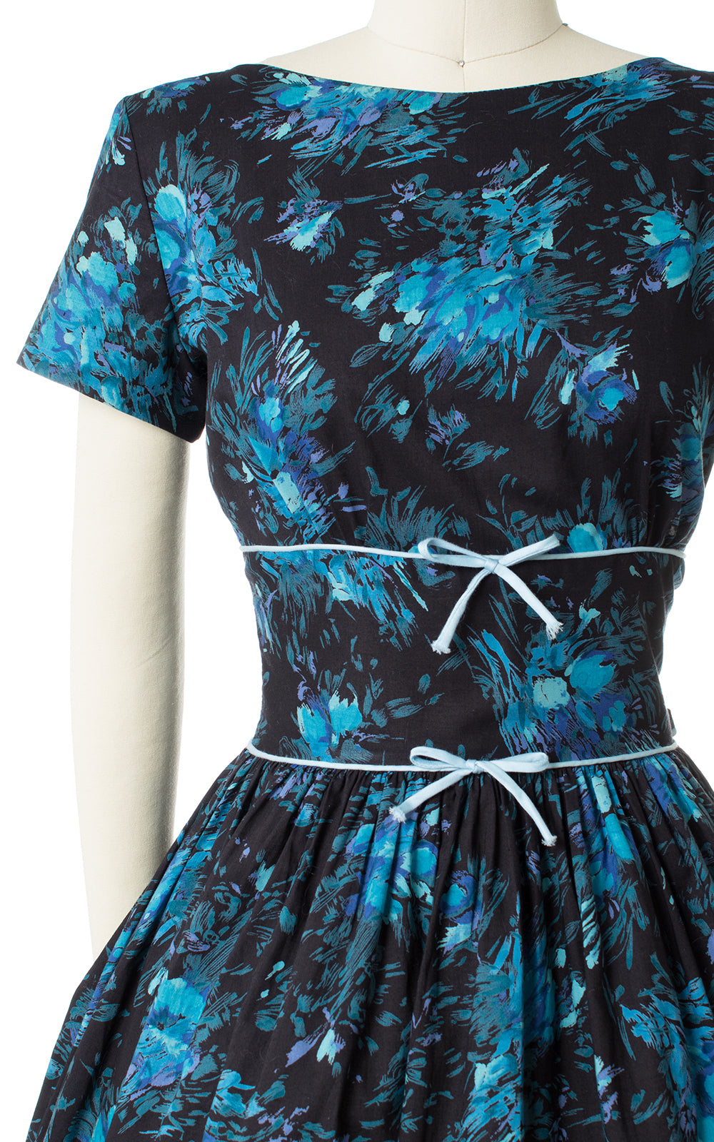 1950s Blue Floral Cotton Day Dress