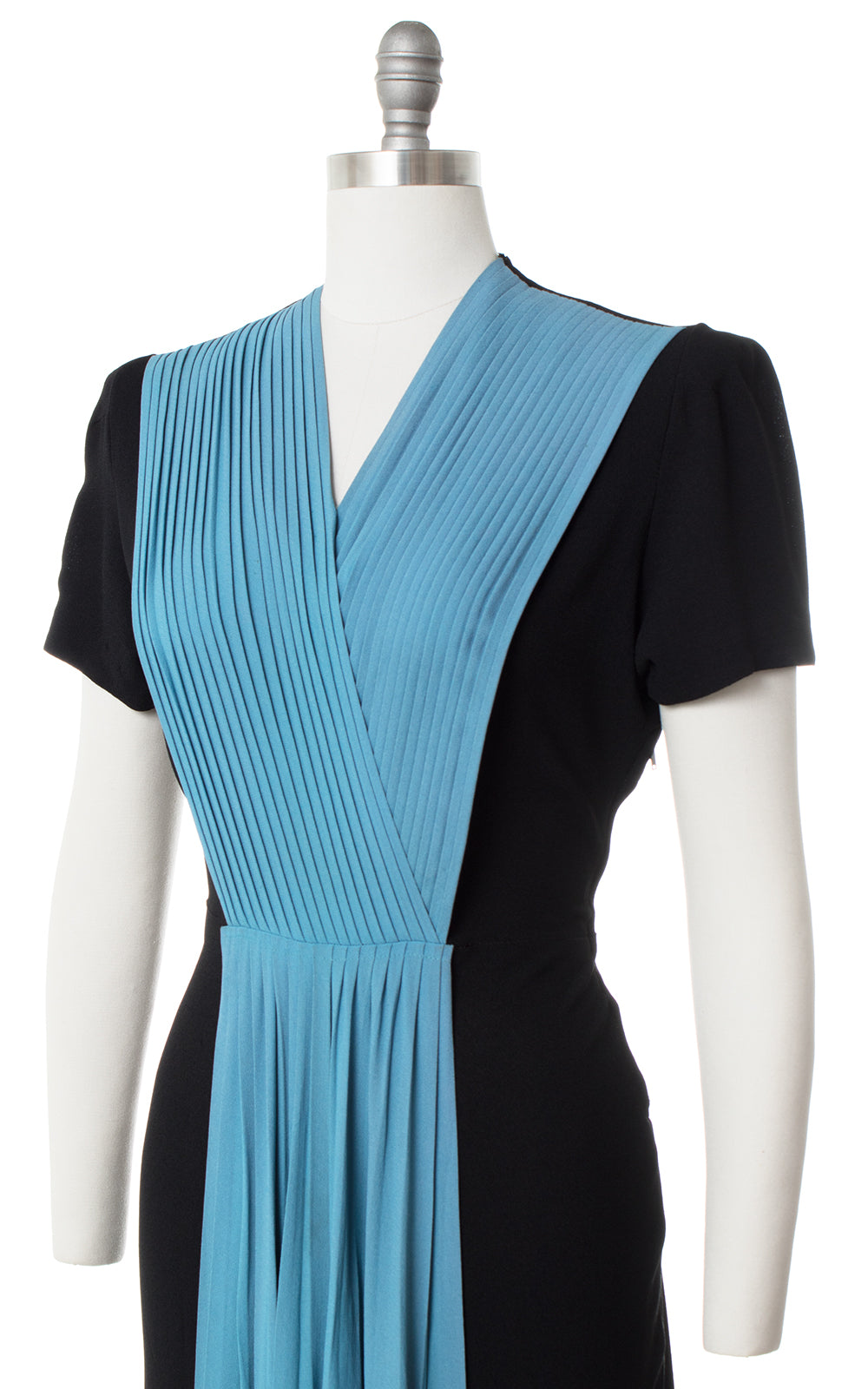 1940s Color Block Rayon Black Blue Gown