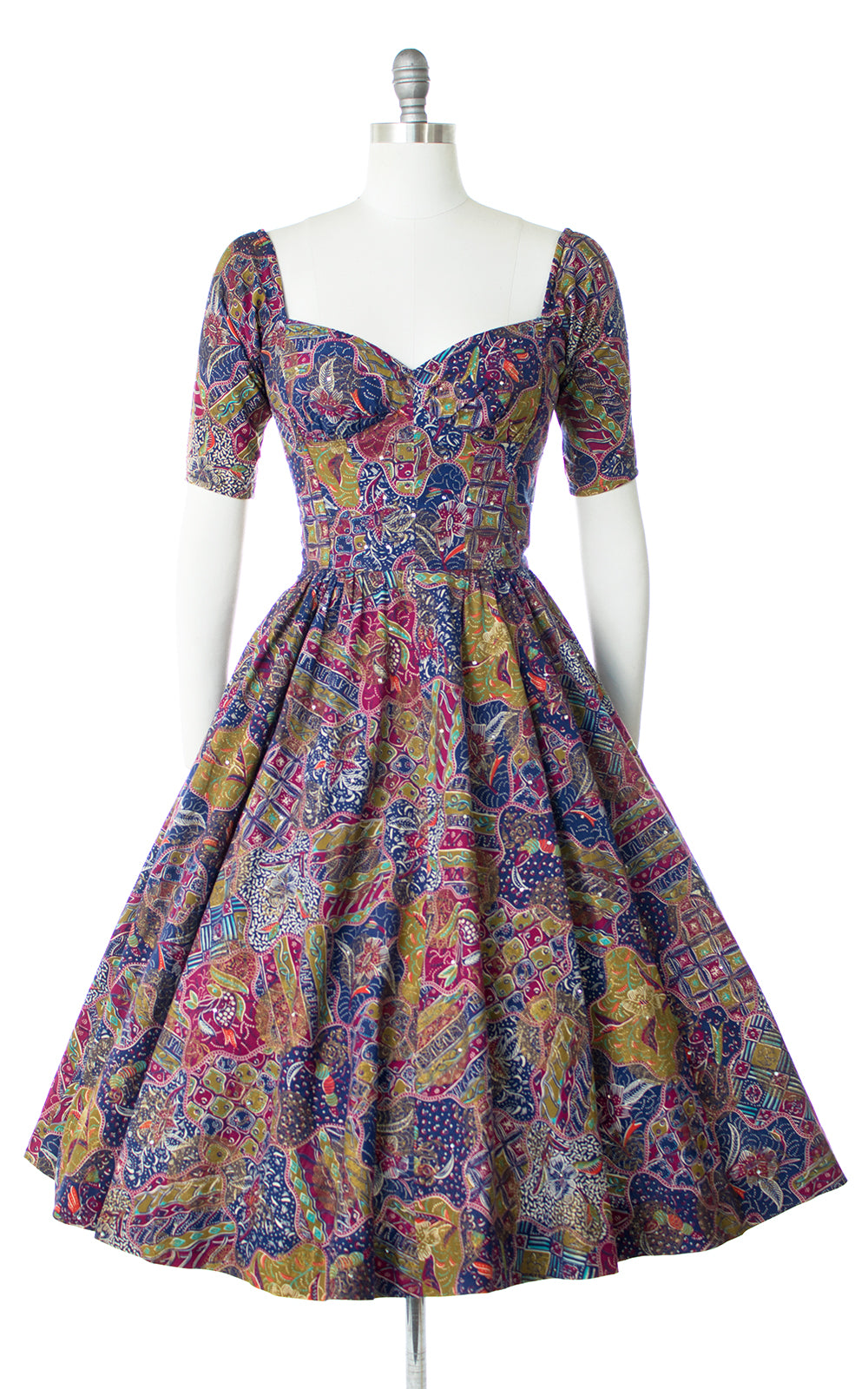 1950s Tina Leser Floral Rhinestone Off Shoulder Dress