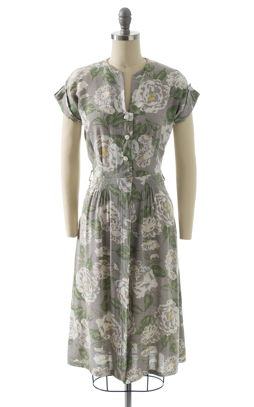 1940s Floral Cotton Shirtwaist Day Dress