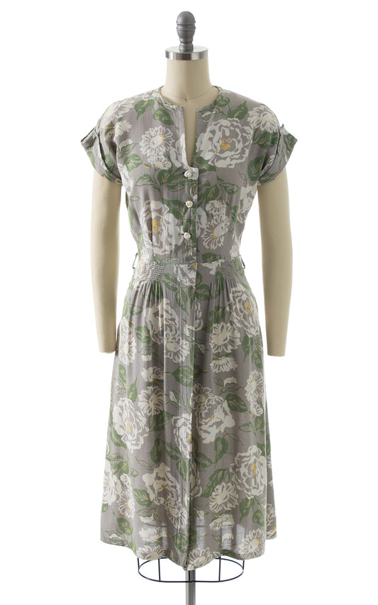 1940s Floral Cotton Shirtwaist Day Dress