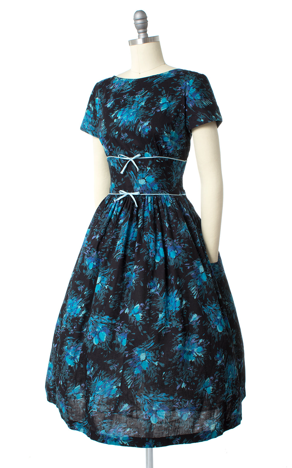 1950s Blue Floral Cotton Day Dress