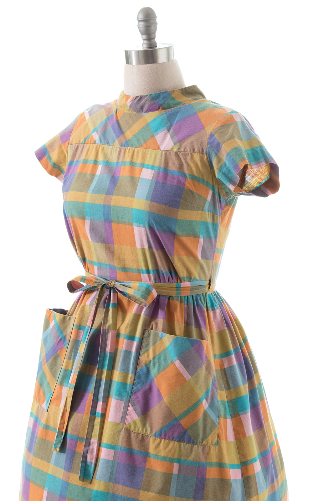 1950s Swirl Plaid Cotton Wrap Dress with Pockets