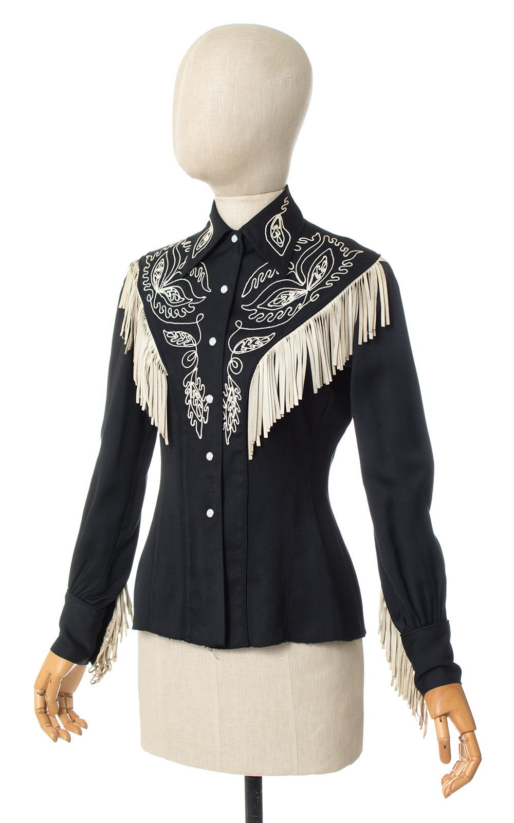 1940s Western Embroidered Gabardine Blouse with Leather Fringe