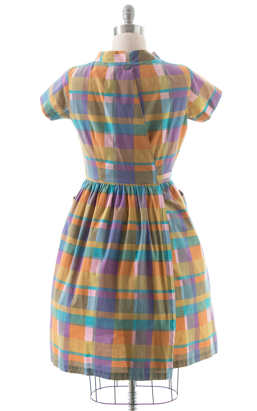 1950s Swirl Plaid Cotton Wrap Dress with Pockets