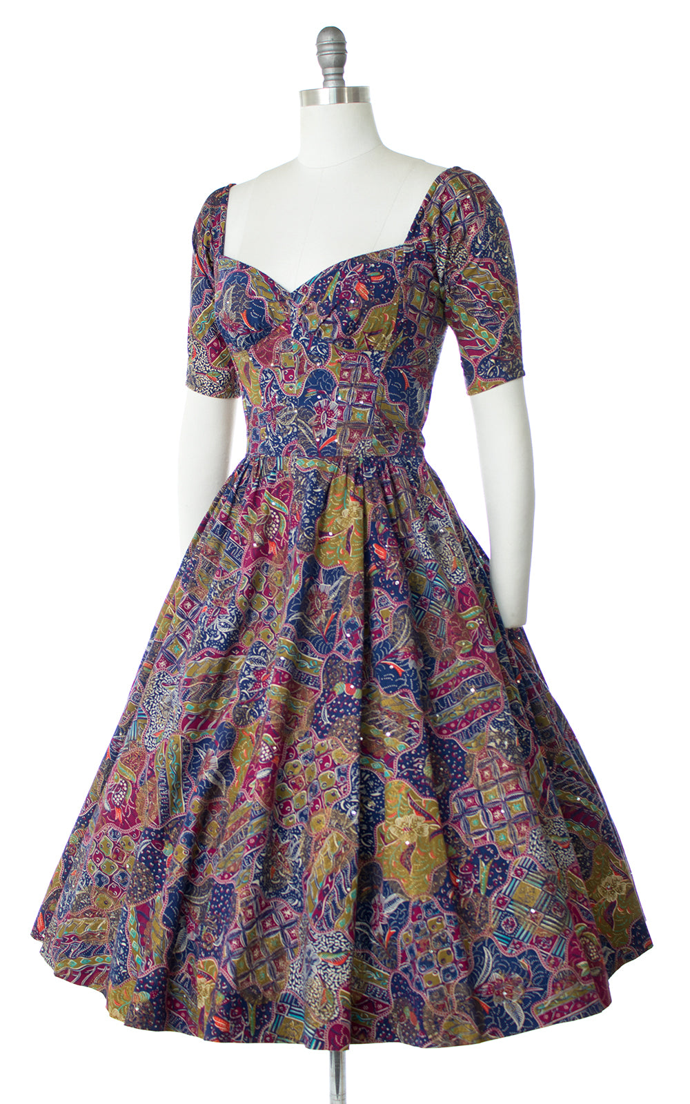 1950s Tina Leser Floral Rhinestone Off Shoulder Dress