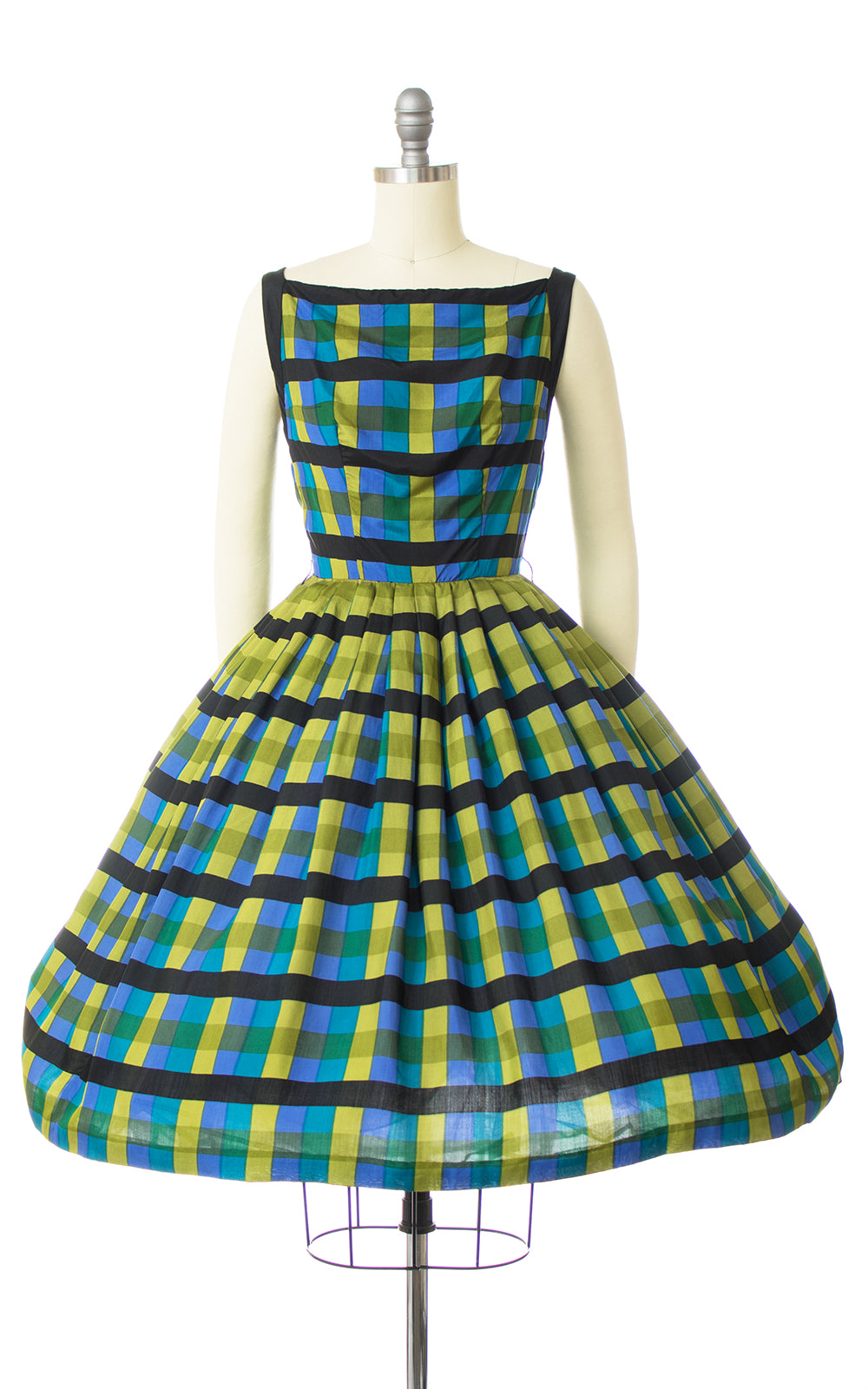 1950s Silk Plaid Green Blue Pleated Sundress