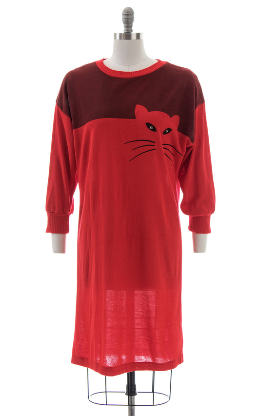 1980s Cat Novelty Knit Sweater Dress