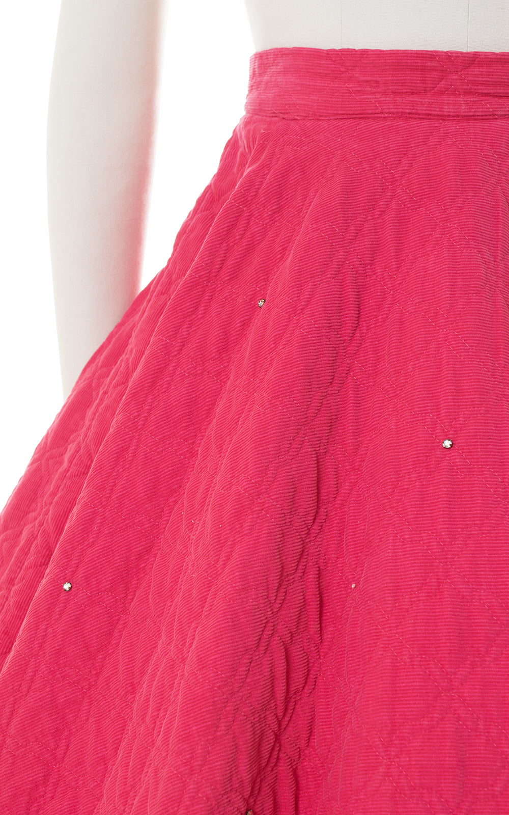 1950s Rhinestone Pink Quilted Corduroy Circle Skirt