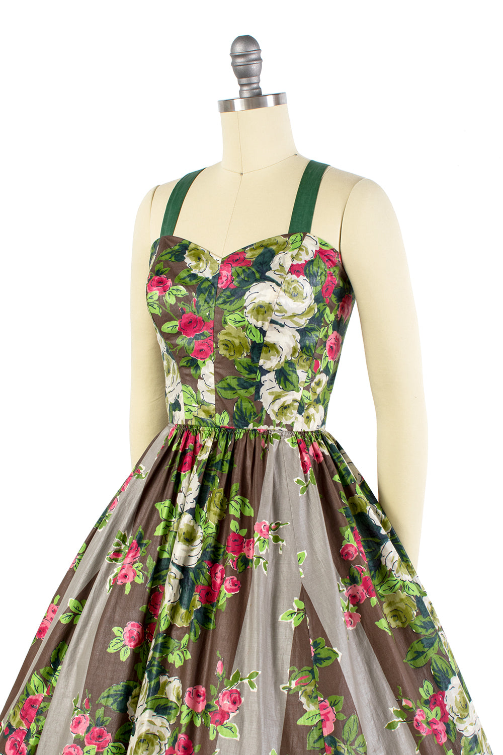 1950s Floral Rose Striped Polished Cotton Sundress