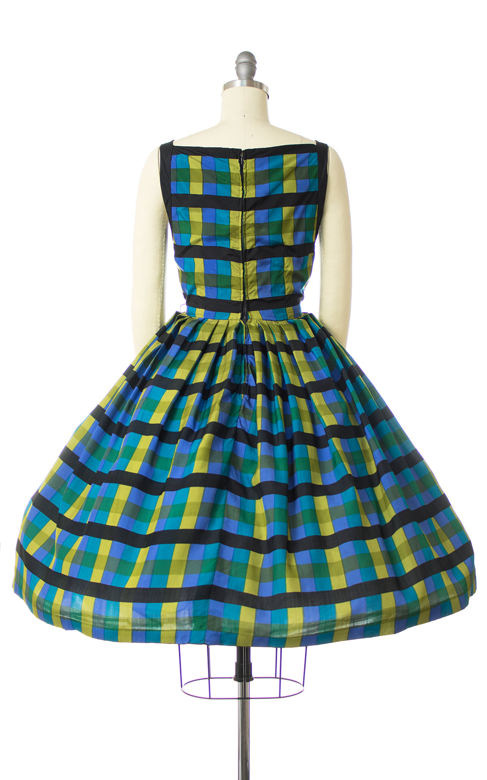 1950s Silk Plaid Green Blue Pleated Sundress