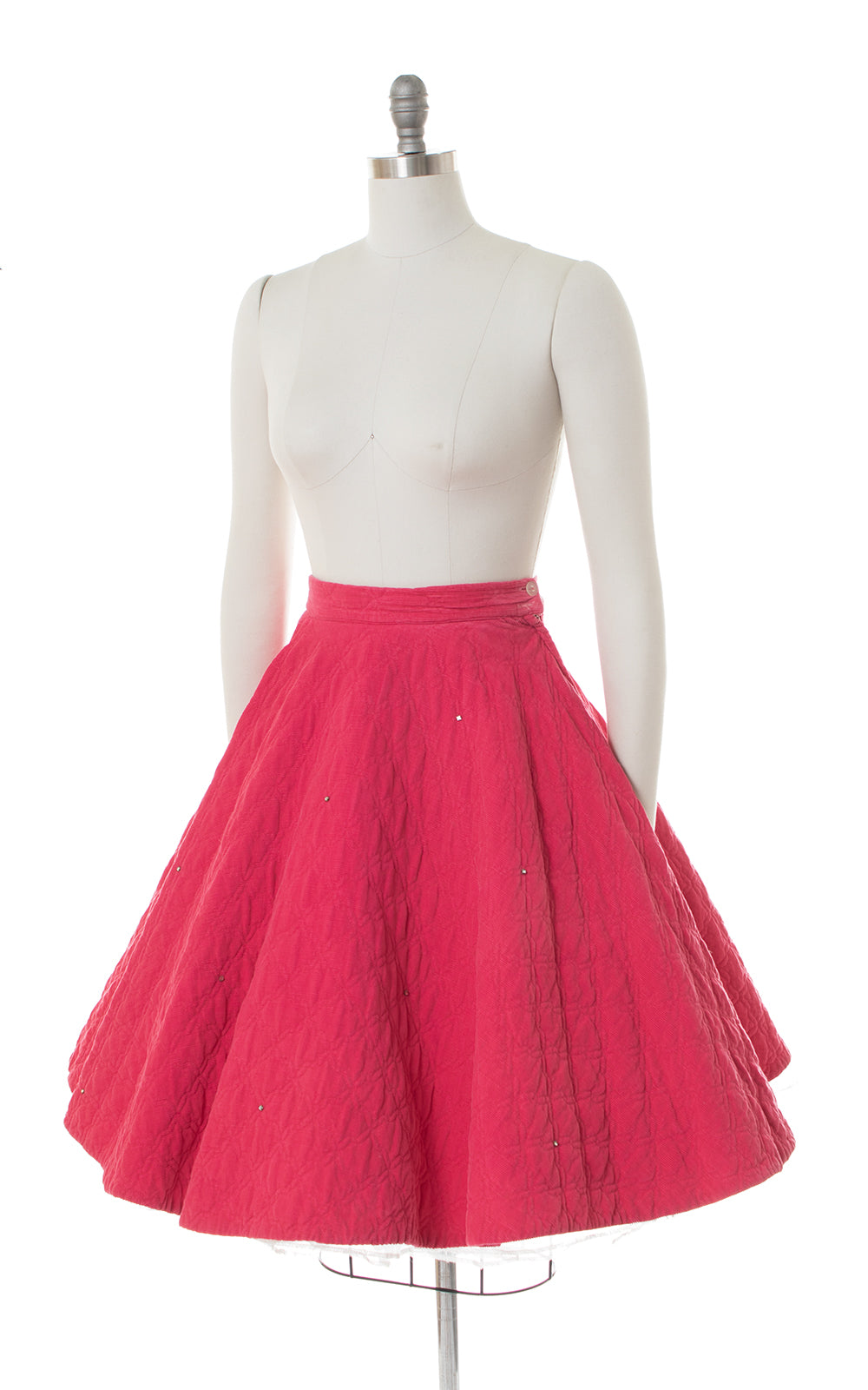 1950s Rhinestone Pink Quilted Corduroy Circle Skirt